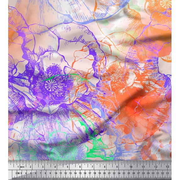 Soimoi Orange Viscose Chiffon Fabric Flower Watercolor Fabric Prints By Yard 42 Inch Wide