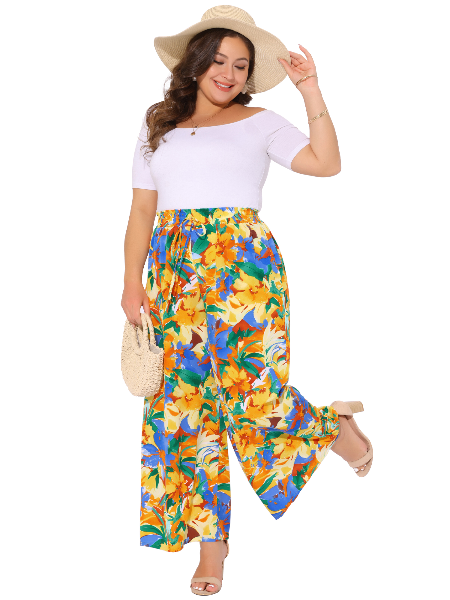DARING DIVA Women's Plus Boho Floral Palazzo Trousers Pants 2X Yellow Orange