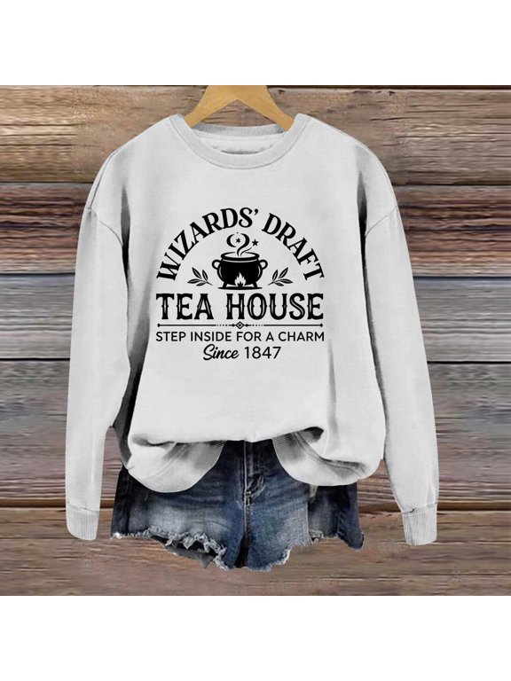 Womens Oversized Sweatshirts Wizard Cauldron Graphic Crew Neck Long Sleeve Halloween Streetwear Y2K Casual Pullover Tops Fall Winter Clothes Light Gray XL