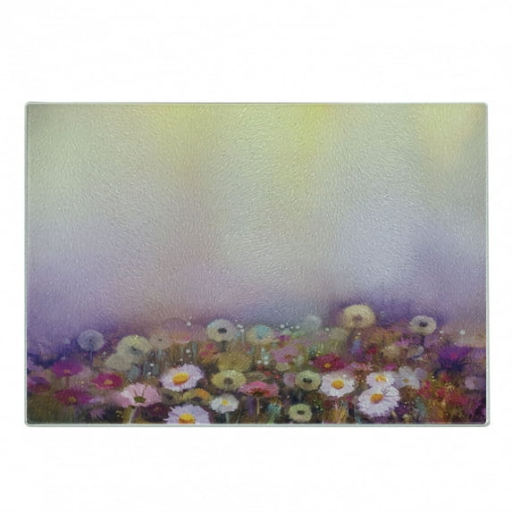 Flower Cutting Board, Bed with Different Blossom Types Fresh Flowers Romantic Garden Hand Drawn Art, Decorative Tempered Glass Cutting and Serving Board, Small Size, Lilac Pink, by Ambesonne
