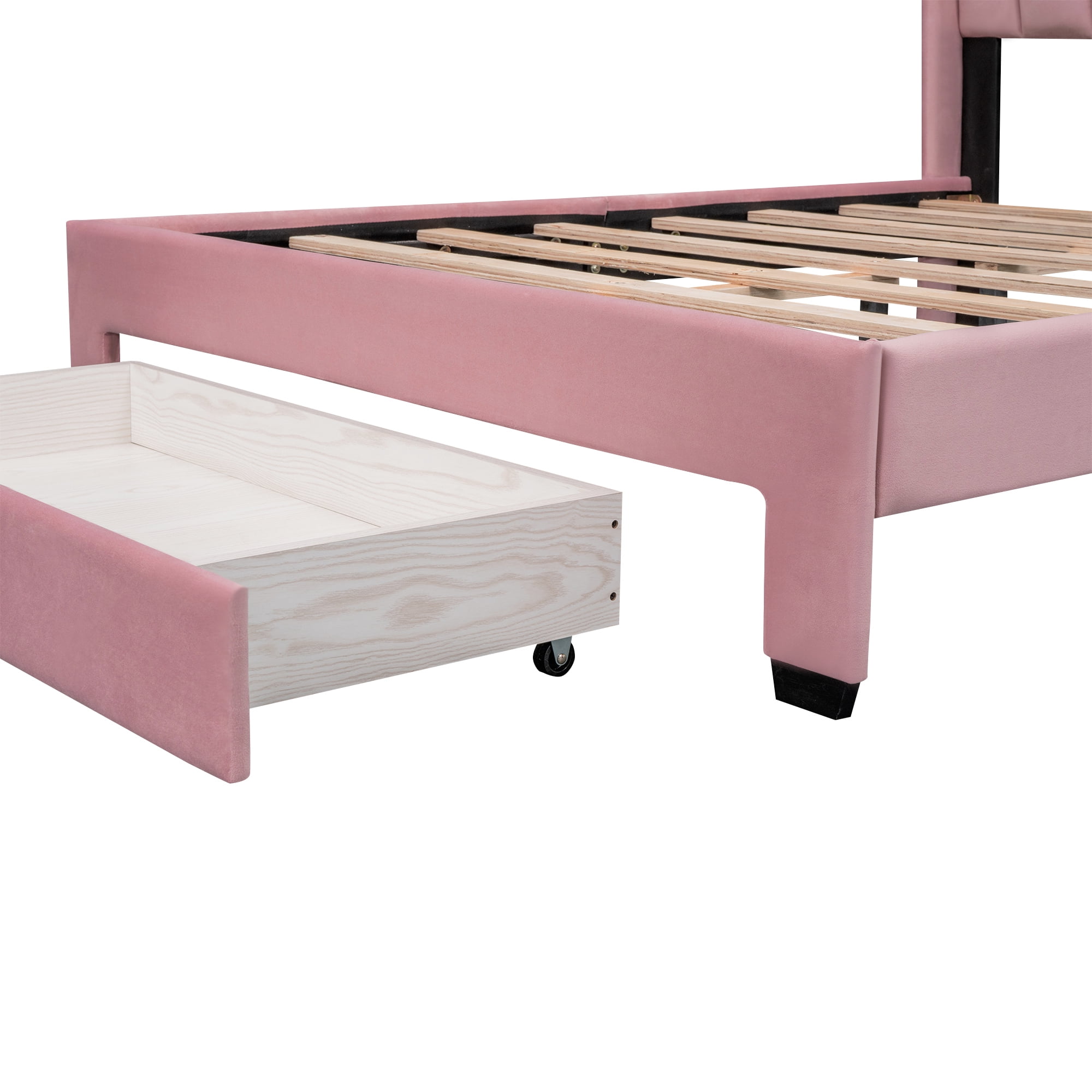 Leumius Full Size Platform Bed with A Storage Drawer,Velvet Upholstered Bed Frame with Wingback Vertical Channel Tufted Headboard,Pink