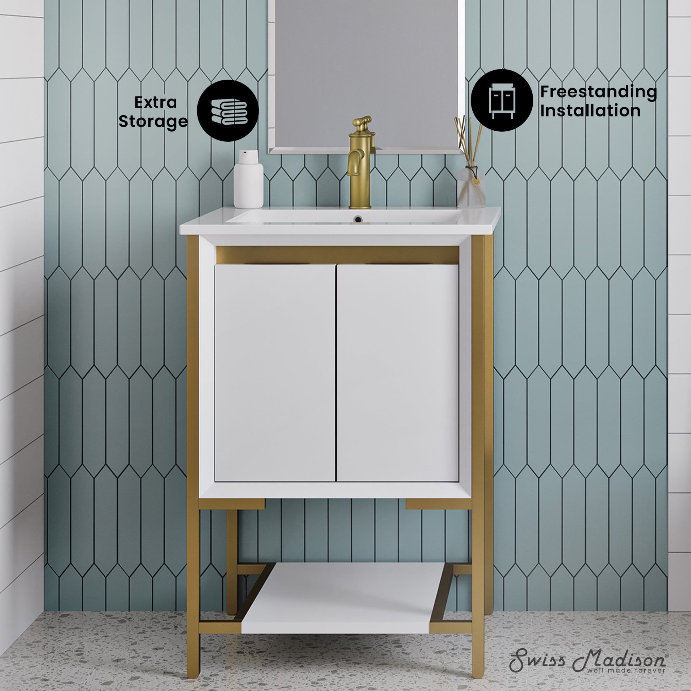 Marseille 24" Bathroom Vanity in White and Brushed Gold