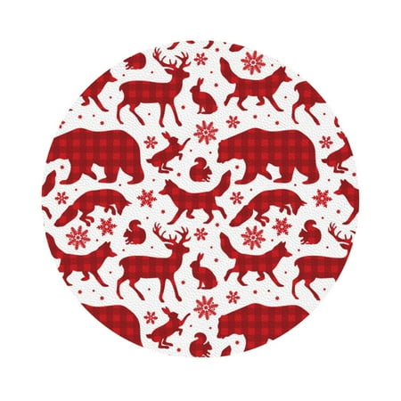 

Gaeub red plaid Moose Bunny bear Print 6 Pcs Leather Coasters for Drinks Drink Coasters Sets Drink Table Cup Coasters for Living Room Kitchen Coffee Decor Round Shape