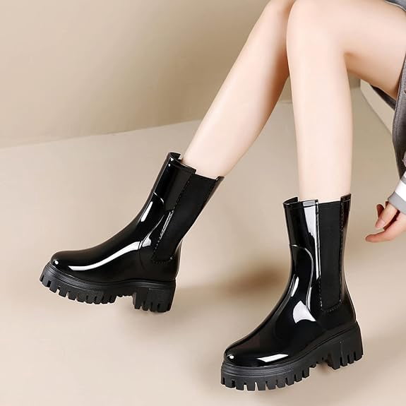 Lcamaw Rain Boots for Women, Waterproof PVC Rubber Garden Boots Womens Chelsea Boots Short Platfrom Rain Boots, Anti-Slip Elastic Slip On Rainboots Garden Rain Shoes for Yard Farm Outdoor Work