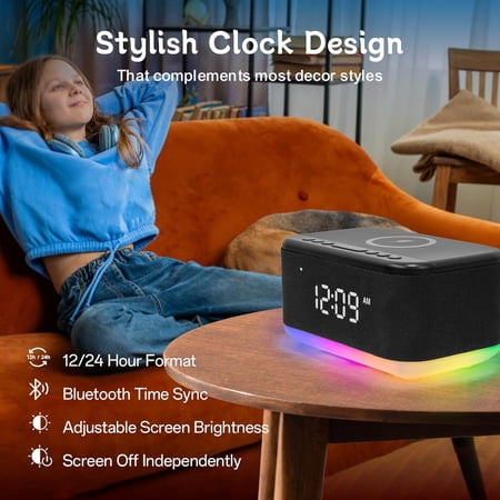 Alarm Clock with Wireless Charging, Digital Dual Alarm Radio Night Light Speaker App Control for Bedroom