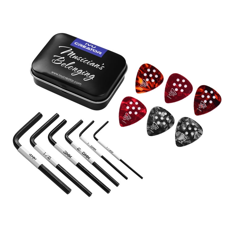 Handy Guitar Tool Kit Including 6pcs Allen Wrenches(1.5mm + 2.5mm + 3mm +  4mm + 1/20 inch + 1/8 inch) & 6pcs Guitar Picks(0.46mm * 2 + 0.71mm * 2 +  0.96mm * 2) with Metal Storage Box 