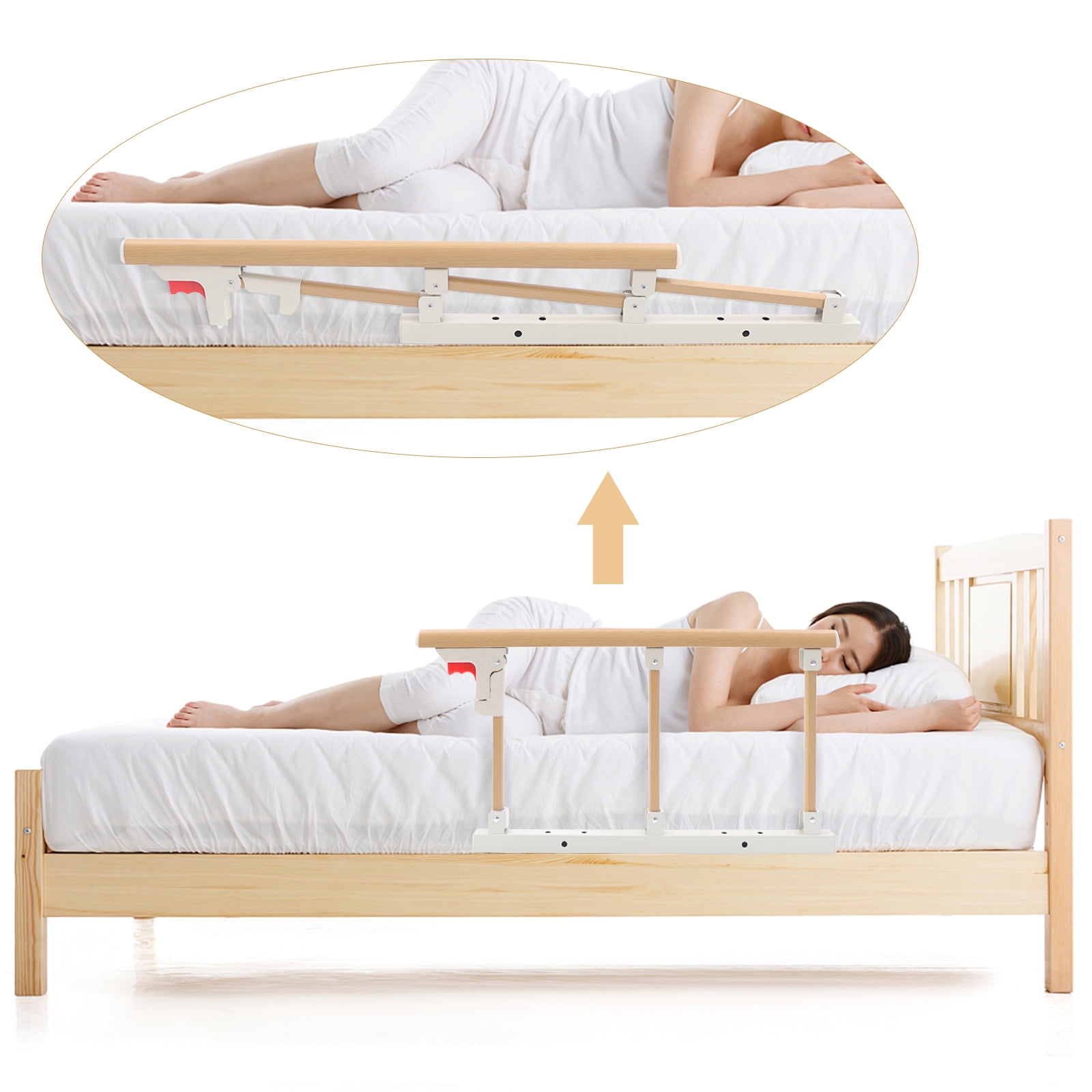 26.77*17.32in Folding Bedside Assist Rail White+Wood Color Safety Bed Guard Rail for Embedded Mattresses Wooden Beds