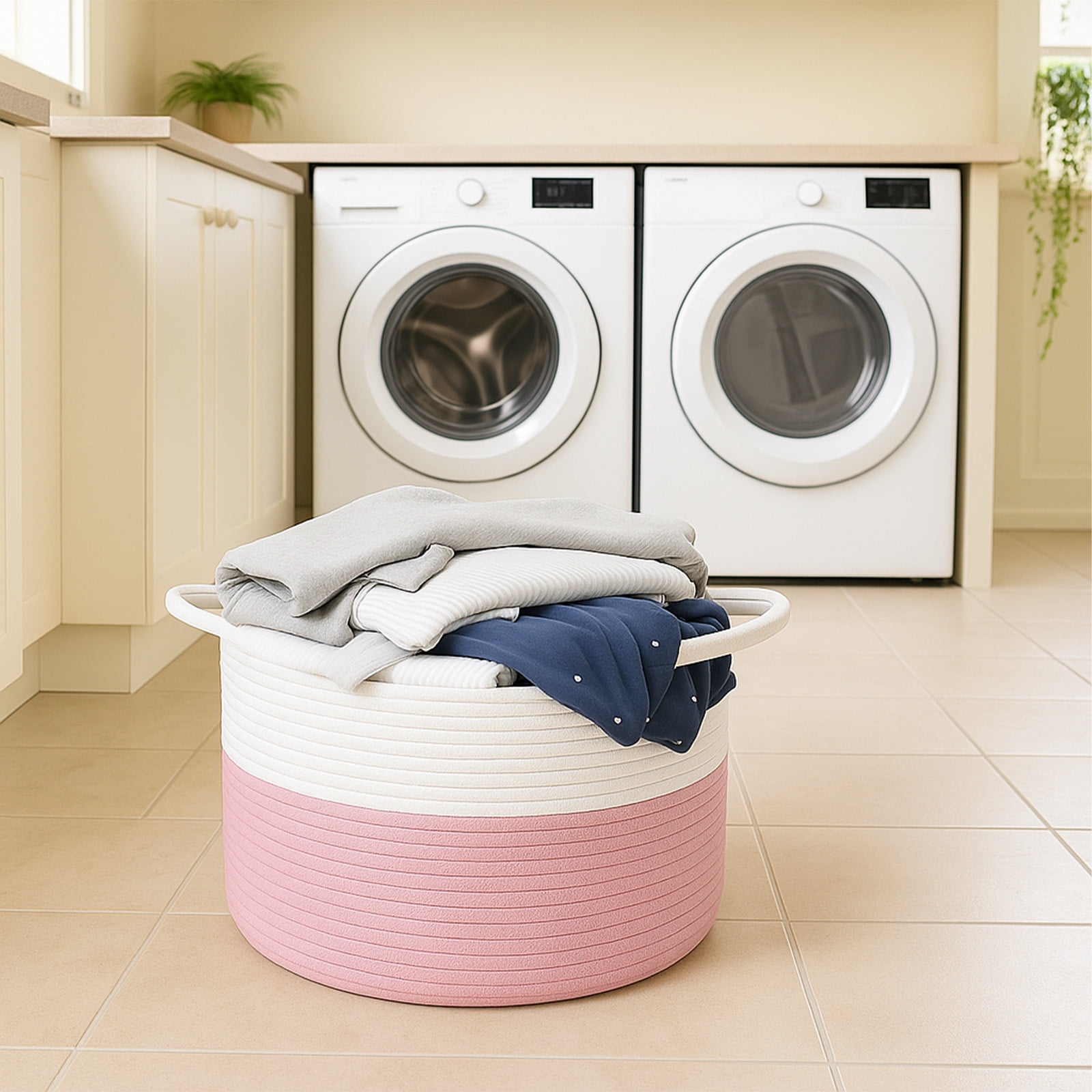 PinkSheep Laundry Basket, 80L Collapsible Woven Cotton Rope Laundry Hamper Storage Baskets with Handles, White Pink