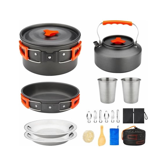 Camping Cookware Mess Kit Camping Gear Campfire Utensils Lightweight Stackable Pot Pan Bowls Soup Spoon with Storage Bag for Camping, Backpacking, Outdoor Cooking