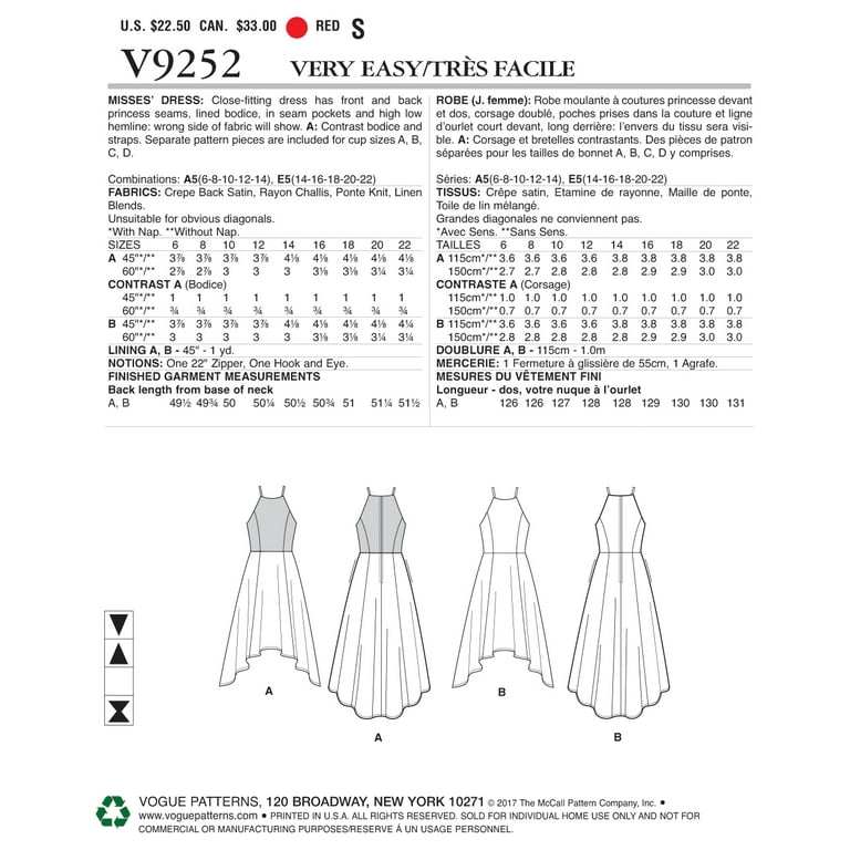 Vogue Patterns Sewing Pattern Misses' Princess Seam High-Low