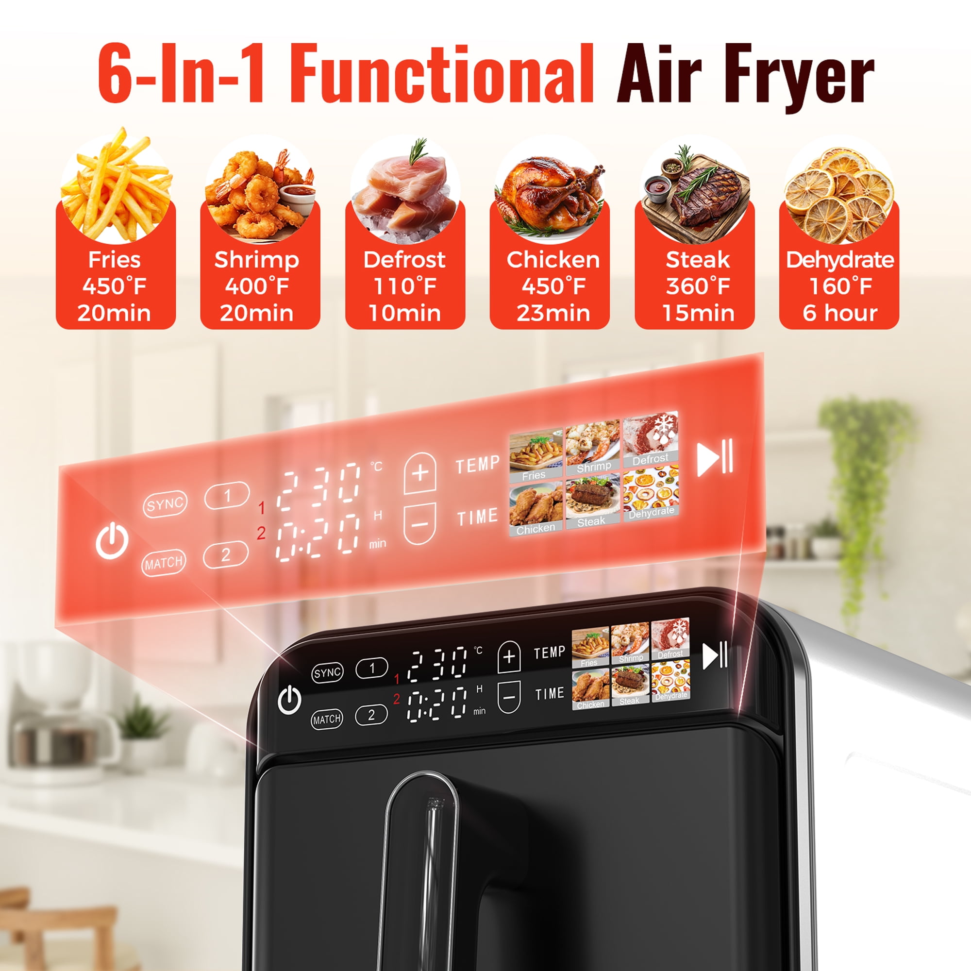 11.6 QT 2-Baskets Air Fryer, 6-in-1 Presets & Digital Touchscreen, Sync & Match, Dishwasher Safe & Space Saving