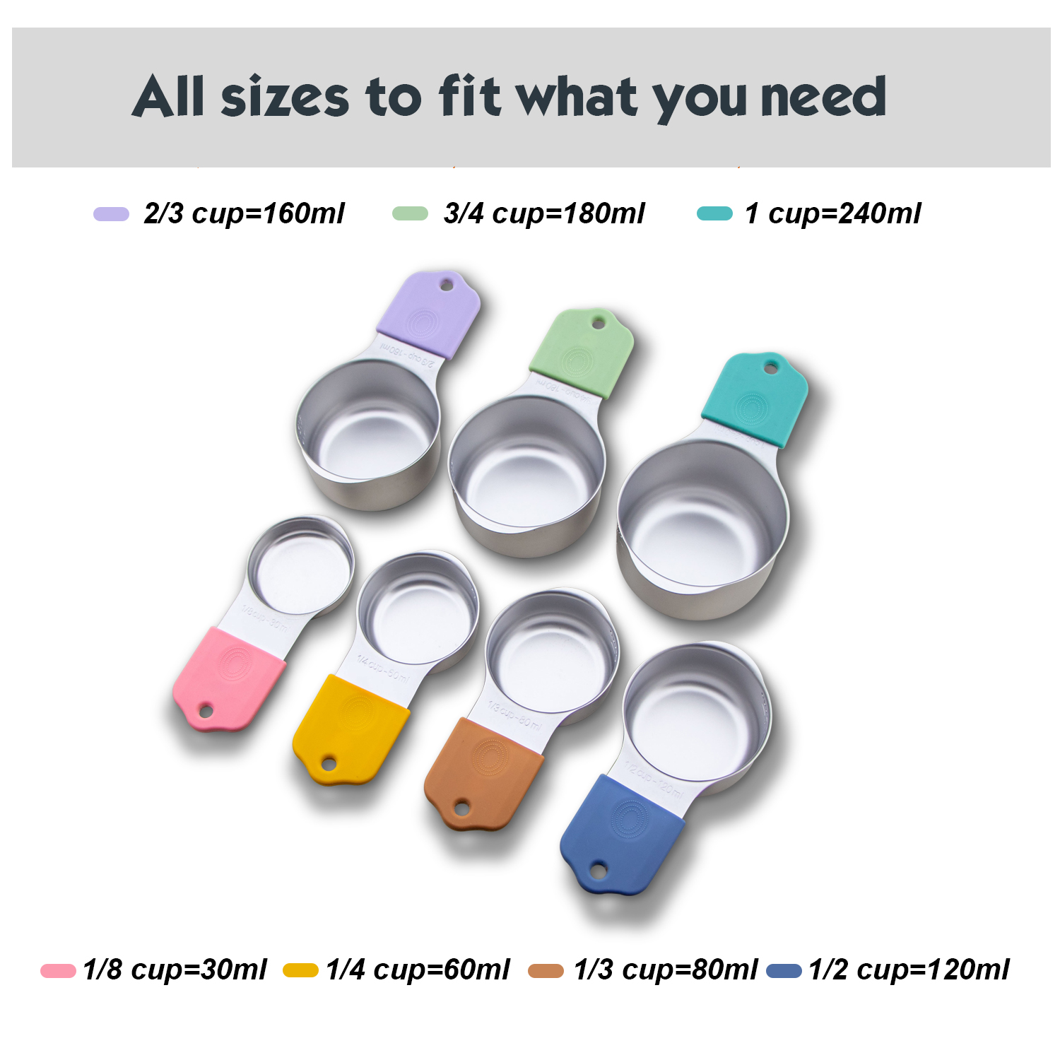 Stainless Steel Magnetic Stackable Collapsible for Liquid Dry Ingredients Measuring Cup Set, Set of 7, Multi-Color