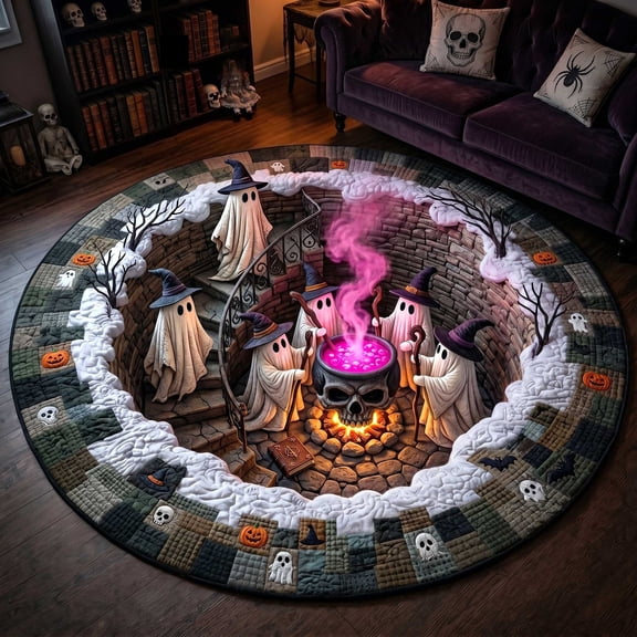 3D Halloween Round Rug 2ft, Optical Illusion Halloween Rug for Indoor Outdoor Use, Custom Ghost Pumpkin 3D Effect Design Floor Mat for Living Room & Bedroom Halloween Decor