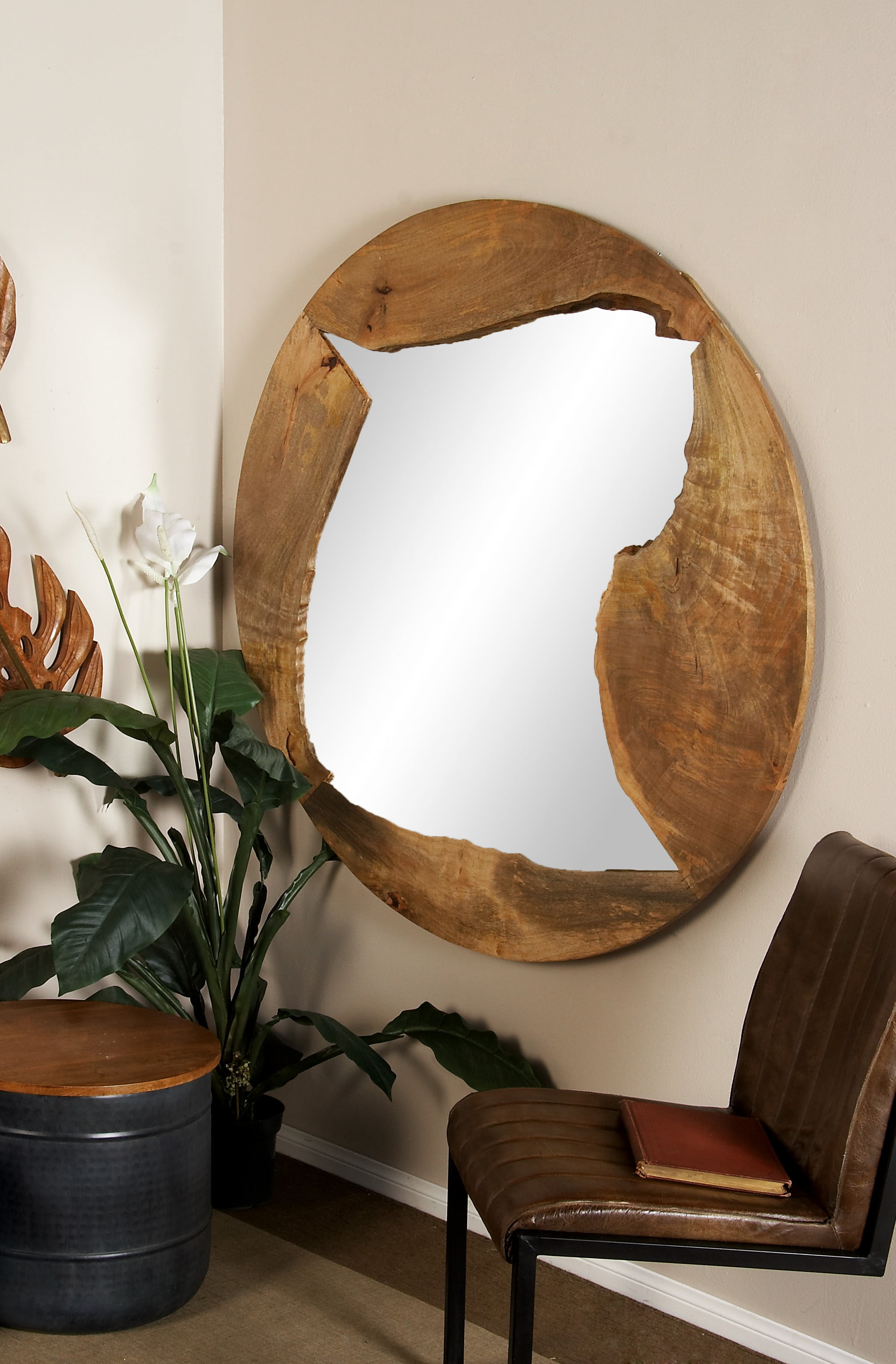 Decmode - 48” Large Round Natural Live Edge Reclaimed Wood Wall Mirror