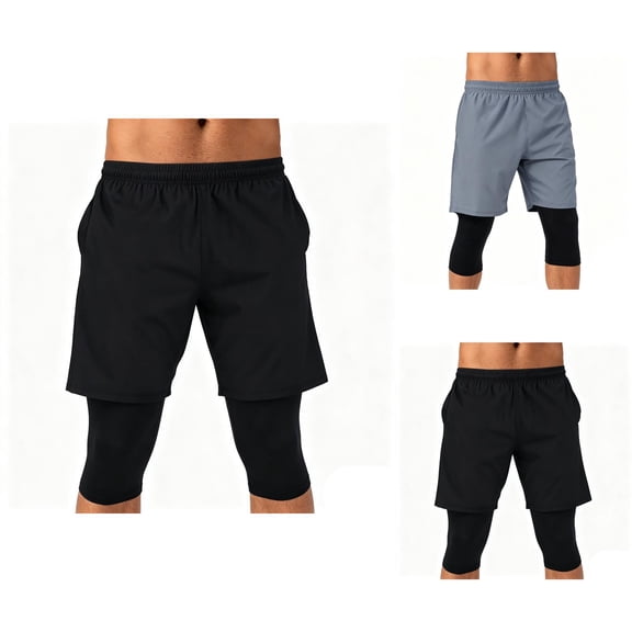 Athletic Running Shorts for Men 2 in 1 Elastic Waist Summer Shorts with Layered Compression Capri Leggings