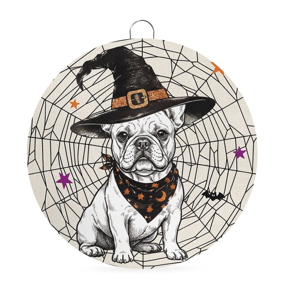 Welcome Sign for Front Door, Halloween Round Metal Wall Art Wreaths, Vintage Horror Dog Hats Web Star Striped Outdoor Indoor Wall Hanging Sign for Porch Decor Housewarming Gifts 7.9 Inch