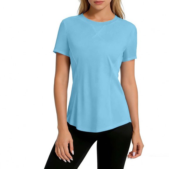 ZQUUVOU Women's Sun Shirts Short Sleeve Ice Silk Sun Protection Top Solid Crewneck Cooling Breathable Lightweight Shirts Blue