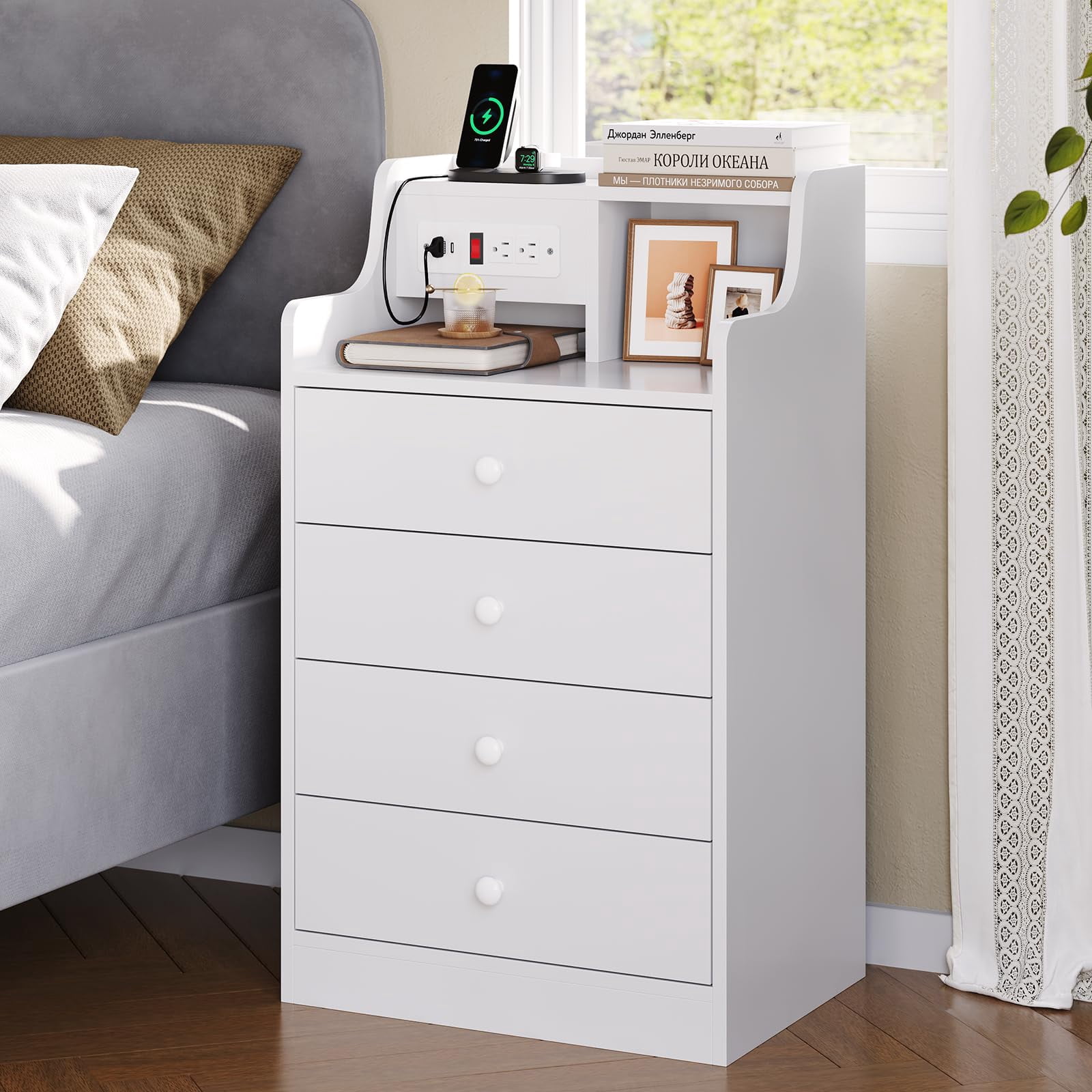 Afuhokles Set of 2 Nightstand with Charging Station, Bedside Table with 4 Drawers,End Table with Hutch, White