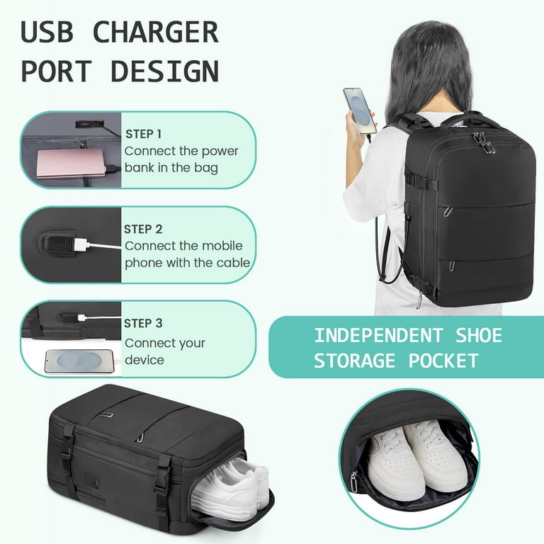 35L Travel Backpack for Women & Men, Carry On Backpack with USB Charging  Port & Shoe Pouch, Expandable Flight Approved Backpack, Waterproof Travel  ...