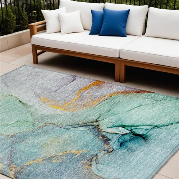 HomeRoots 559719 9 x 12 ft. Teal Abstract Washable Non Skid Indoor Outdoor Rectangle Machine Woven Area Rug