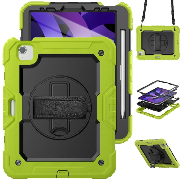 Case for iPad Air 5th Generation / iPad Air 4th Generation 10.9 inch with Screen Protector, 360 Degree Rotating Kickstand Hand Strap Shockproof Cover with Shoulder Strap, Lime