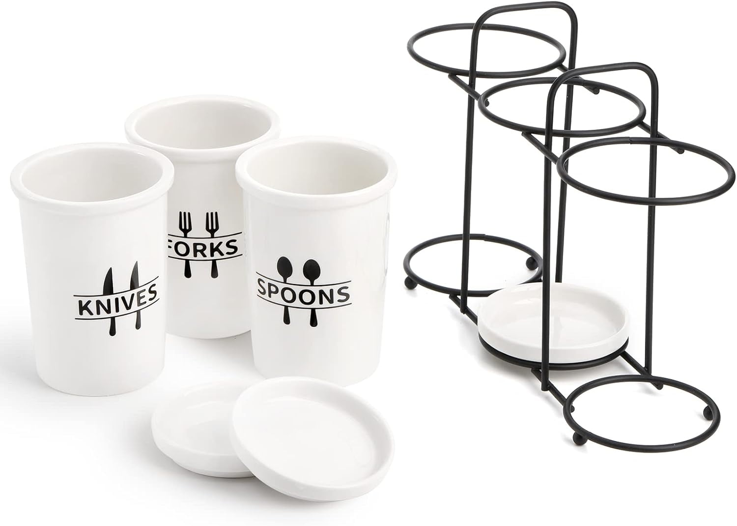 Flatware Holder, 3-Piece Silverware Utensil Holder Ceramic Flatware Caddy with Metal Rack, Flatware Caddy White Ceramic Cutlery Organizer for Forks, Spoons, Knives$$Home Decor, Kitchen, & Other