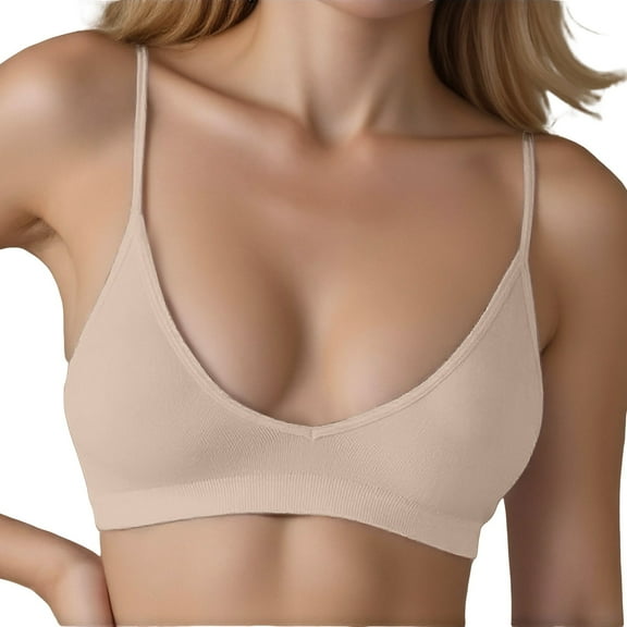 FUNUONY Women's Push Up Wireless Comfortable Padded Plunge No Underwire Everyday Bra Women's Bralette V Neck Wireless No Padded Bra Comfortable Everyday Bras Beige L