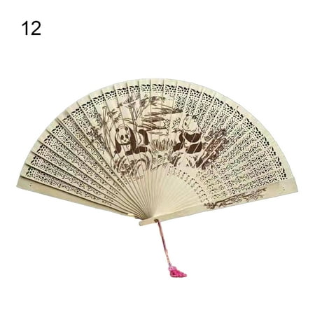 

Folding Hand Fans Chinese Style Bamboo Folding Fan Handheld Fabric Folding Fan with Tassel Vintage Pattern Hand Fan Hollowed Bamboo Hand Holding Fan