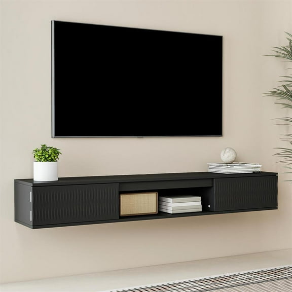 Topcobe Floating TV Stand Wall Mounted, Black TV Stand with Storage, LED Light Strip with Remote Control, Modern Furniture for Living Room