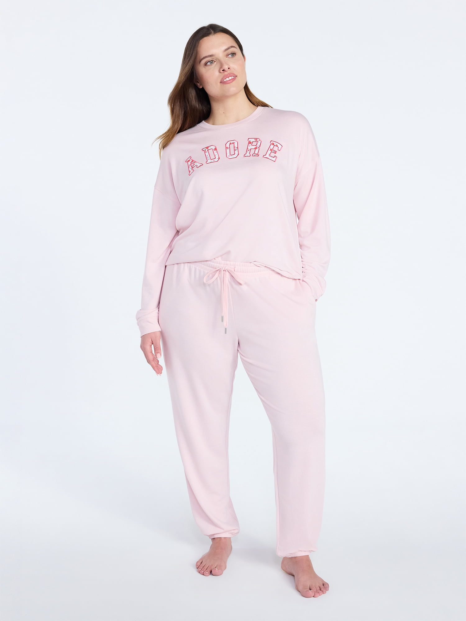 Joyspun Women's French Terry Long Sleeve Sleep Top and Joggers Lounge Set, 2-Piece, Sizes XS-3X