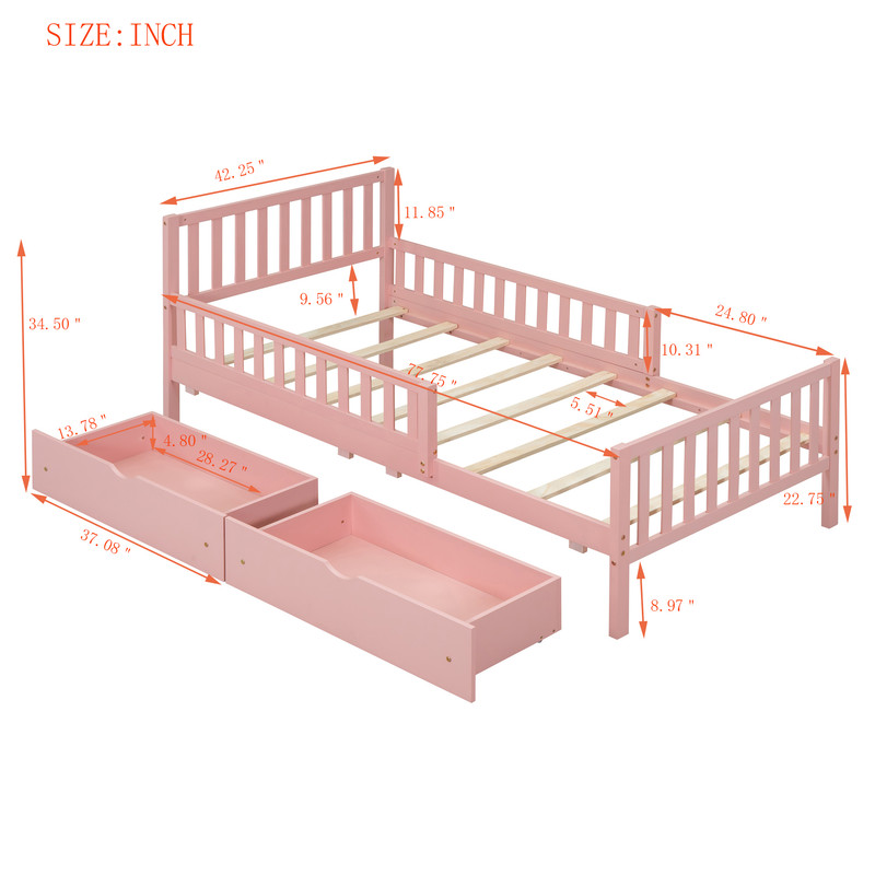 Mirightone Twin Bed Frame , Wood Twin Size Bed with Storage Drawers and Guardrails, Twin Bed Frame