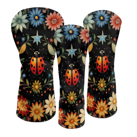 Uorisanigo Golf Head Covers, 3pcs Floral Ladybug Golf Club Covers for Woods and Driver Fairway Hybrid, PU Leather Headcovers for Club Protective, Fits Most Golfs Clubs