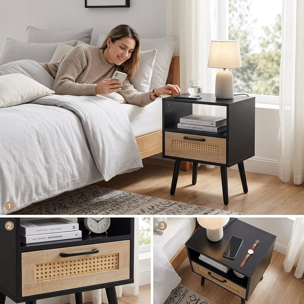 Rattan Woven Side Table with MDF Body & Solid Wood Legs, 22.05" H End Table with Storage, Mid-Century Modern Nightstand for Living Room Bedroom