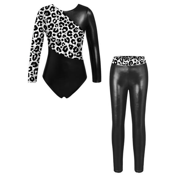YiZYiF Kids Girls 2Pcs Set Gymnastics Dance Outfit Yoga Suit Prints Patchwork Leotard with Shiny Leggings Black 8
