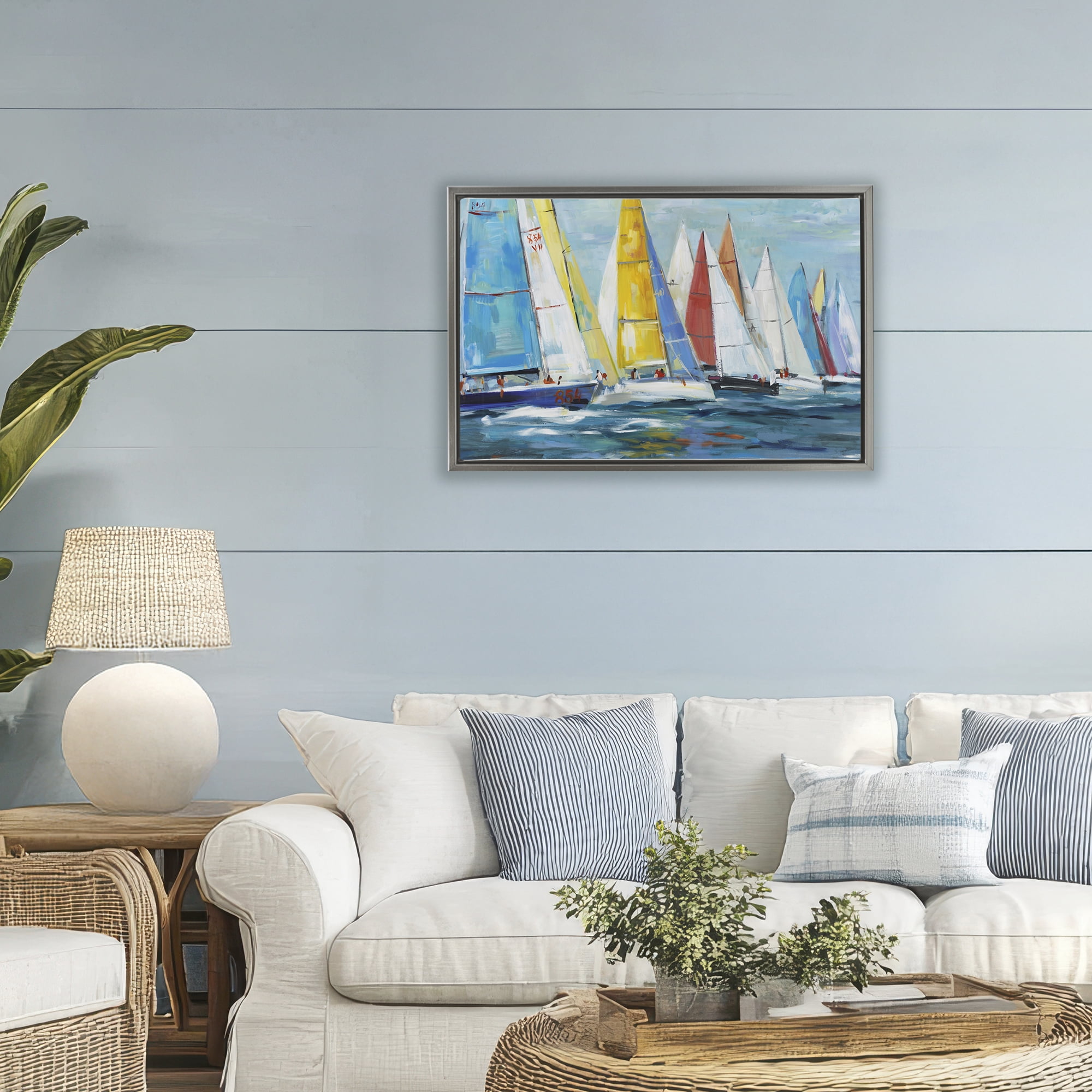 Stupell Industries Colorful Sails Coastal Scene Gray Framed Floater Canvas Wall Art, design by Lorenzo Collective