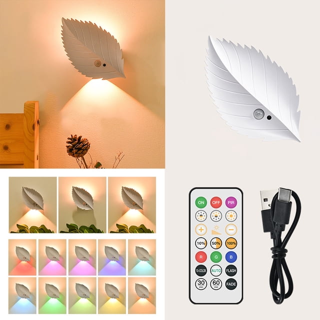 PRETXORVE Leaf Bedside Lamp Sensor Light Magnetic-adhesive Remote Control Bedroom Guest Wireless Wall Light