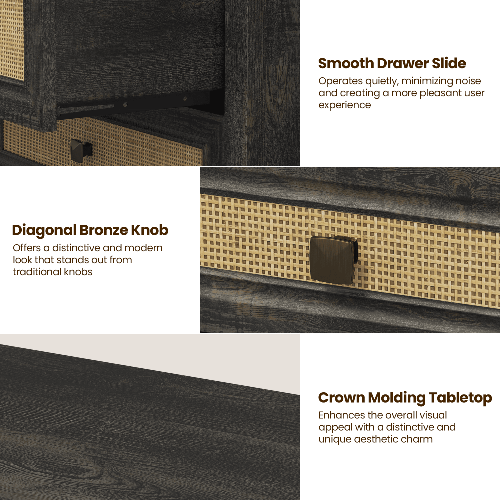 3 Drawer Dresser Rattan Dresser Wood Chest of Drawers Farmhouse Closet Dressers Modern Bedside Table Rustic Nightstand Storage Cabinet for Bedroom, Hallway, Living Room