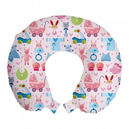 Baby Travel Pillow Neck Rest, Toys Childish Teddy Bear Rabbit Bunny Birthday Girls Cheerful Design, Memory Foam Traveling Accessory Airplane and Car, 12", Pale Pink Rose Blue, by Ambesonne