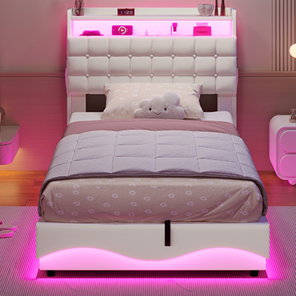 Amuzer Twin Size Bed Frame with Lift Up Storage, Power Outlet,LED Lights Storage Headboard,Twin Velvet Upholstered Bed, No Box Spring Needed,Creamy White