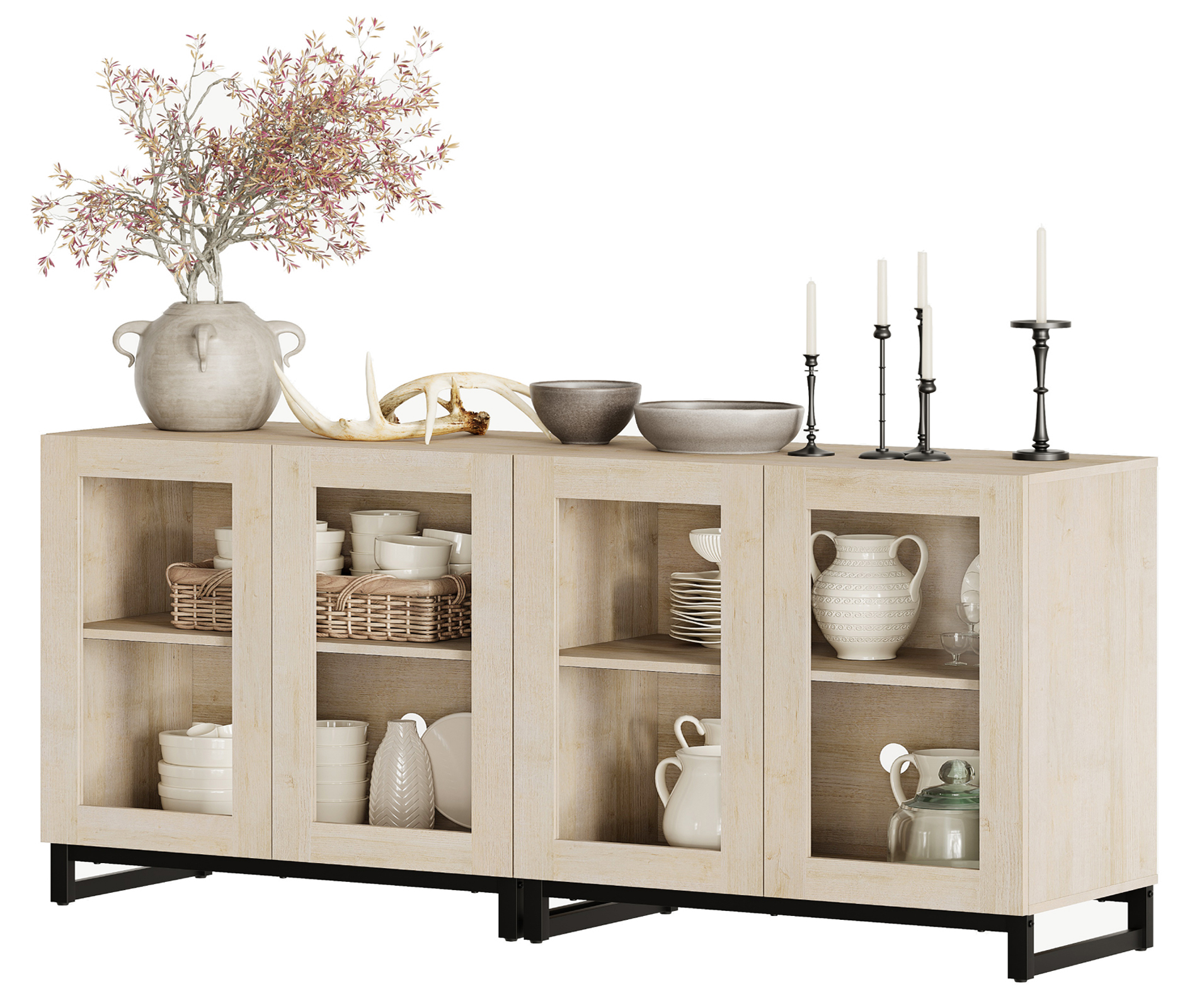 WAMPAT 2 in 1 Multifunctional Sideboard Buffet Cabinets with 4 Glass Doors, Modern Sideboard Credenza with Adjustable Shelf, Coffee Bar Storage Cabinet for Living Room, Kitchen, Beige