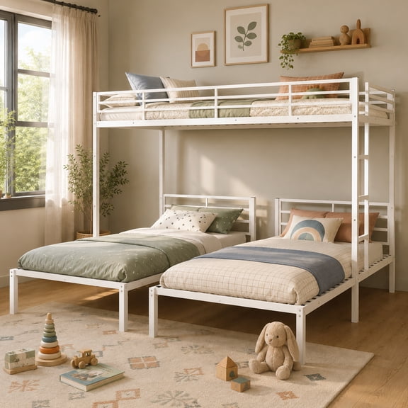 Alvantor Triple Bunk Bed for Kids, Metal Bunk Bed with Stairs,Separates Into 3 Twin Beds White