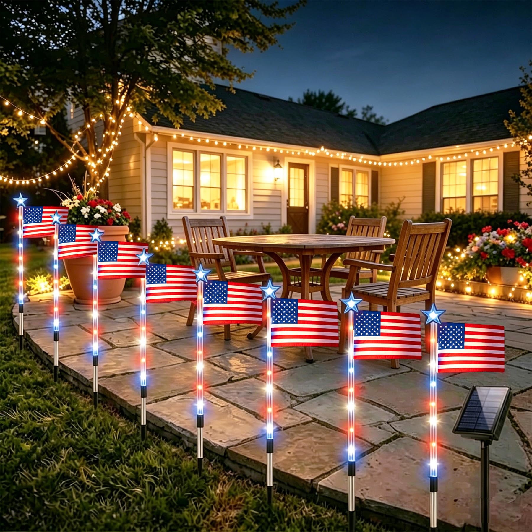 8 Pack Solar  Flag Lights Outdoor, Solar  Flag Pathway Lights with 8 Modes, Patriotic Red White Blue Waterproof LED Stake Lights for Yard Garden