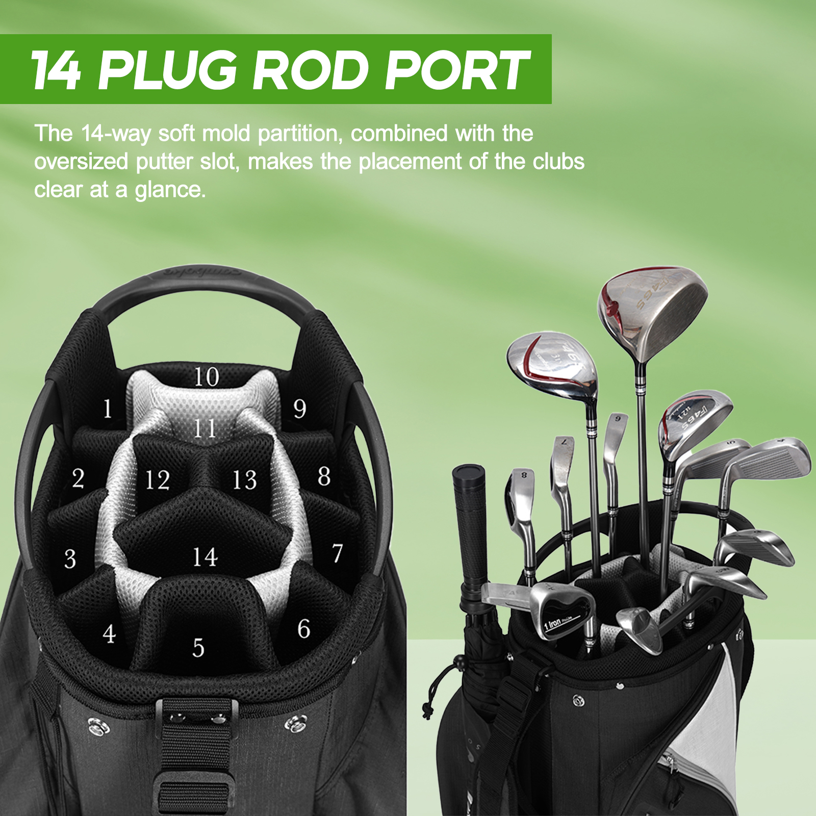Lightweight Golf Cart Bag with 14-Way Full-Length Dividers, Cooler Pouch, Golf Bag for Men Women with Adjustable Padded Strap, Rain Hood, Golf Club Bag for Carts,black