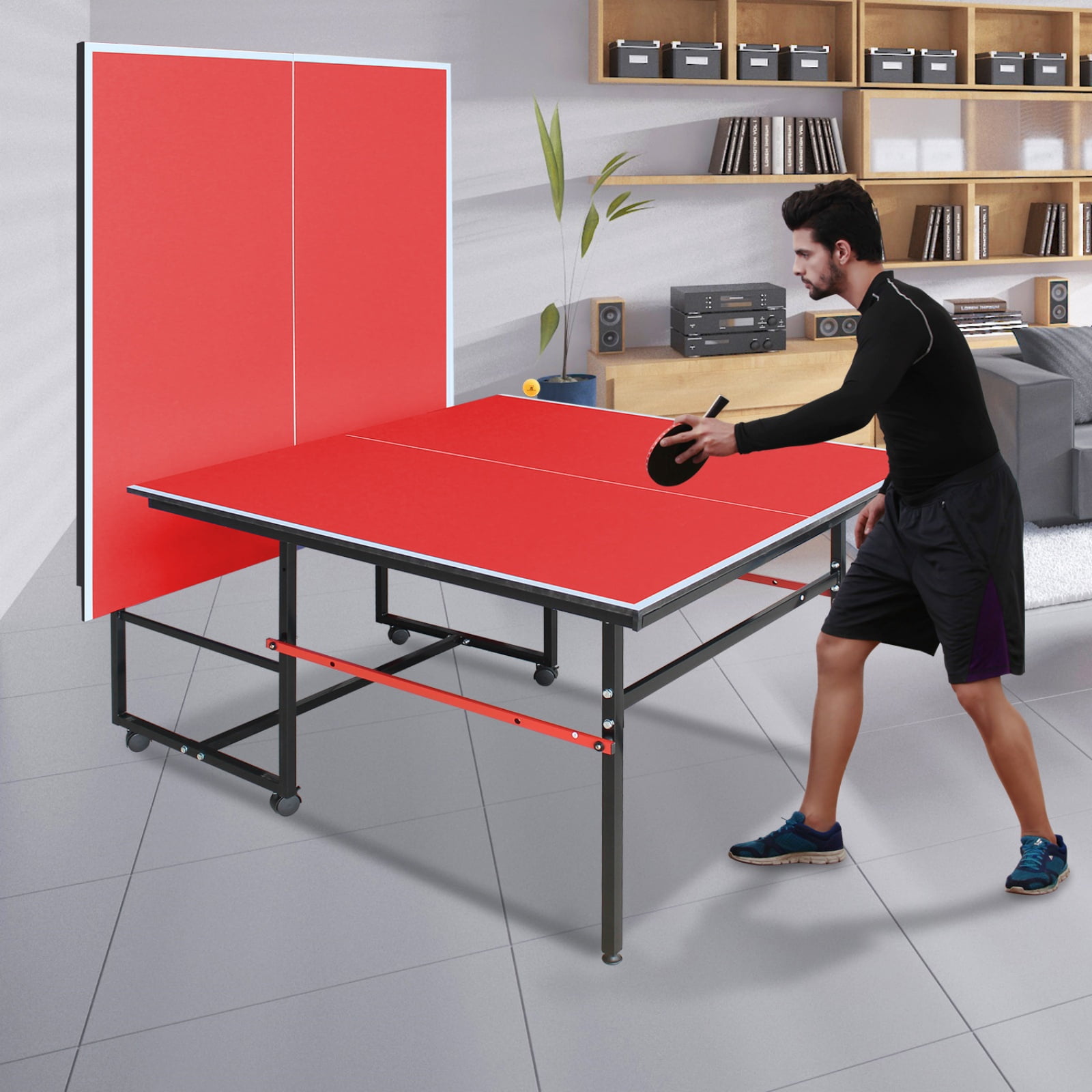 8FT Outdoor Ping Pong Table, Foldable & Portable Table Tennis Set with Net, 2 Paddles & 3 Balls, High-Quality Game Table with Single Player Playback Mode