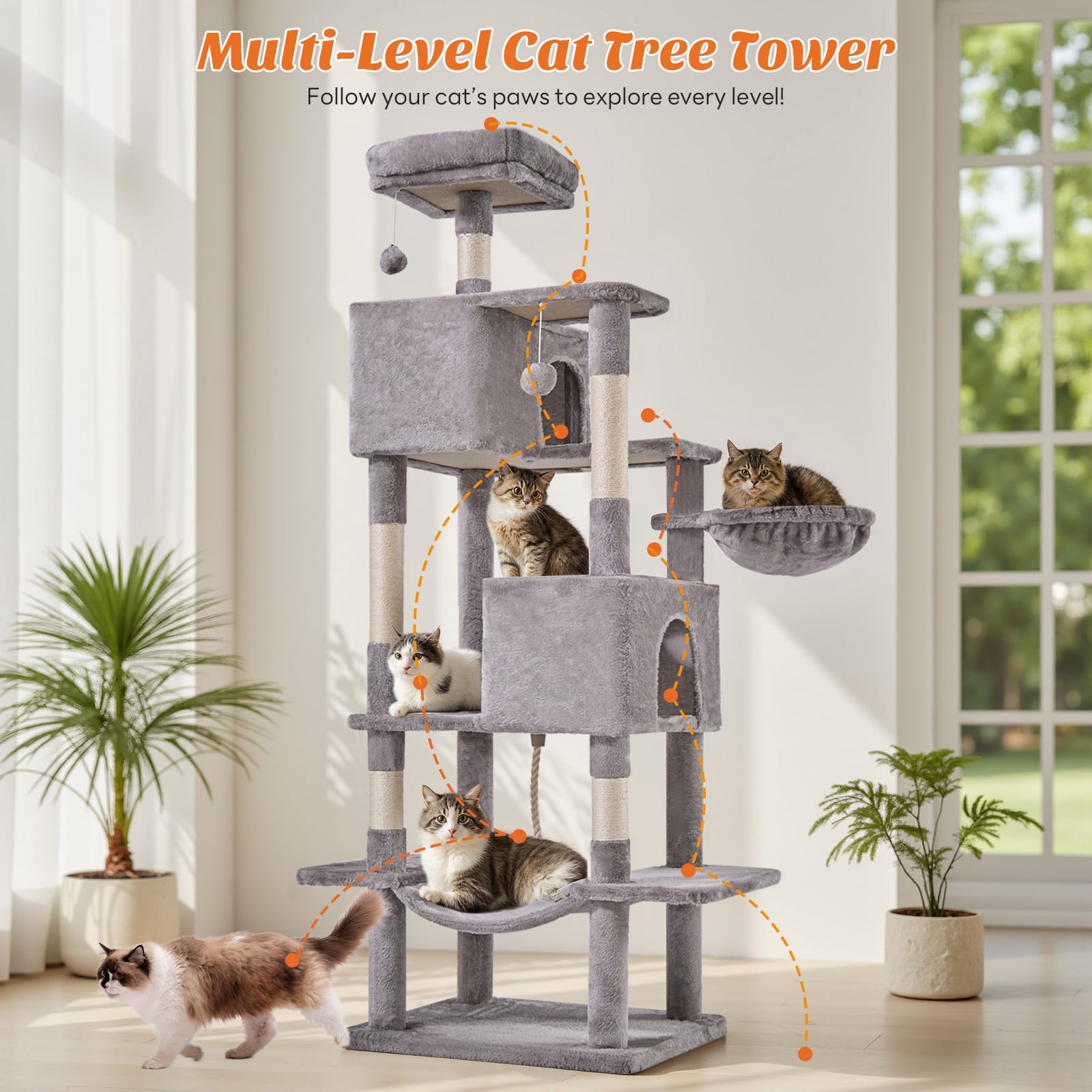 SHOUFTW 66in Cat Tree, Space-Saving Indoor Cat Tower with Large Top Perch and Hammock for Multi-Cat Households, Light Gray