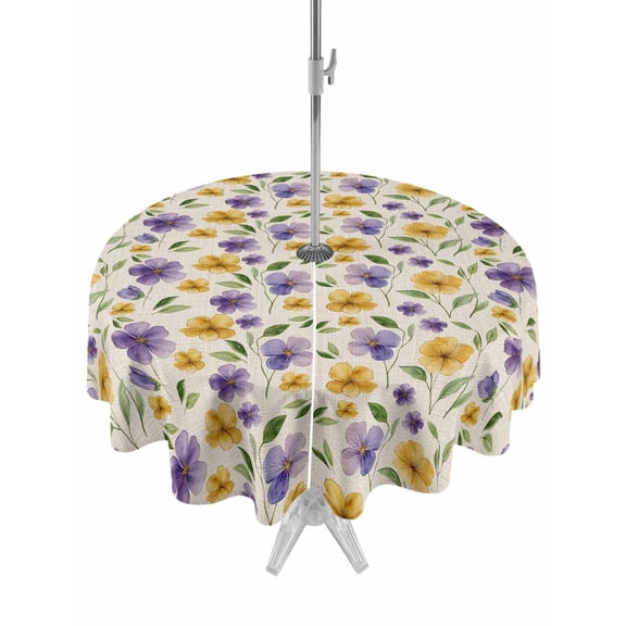 Outdoor Table Cloth with Umbrella Hole and Zipper, Purple Yellow Flower Waterproof Round Tablecloth 60 Inch, Vintage Botanical Pastoral Plant Washable Table Cover for Outside Party Patio Picnic