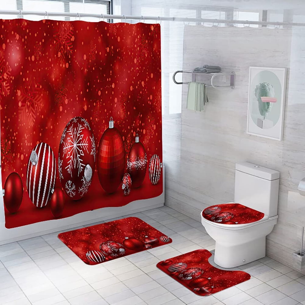 4 PCS Christmas Shower Curtain Sets with Rugs, 72x72" Waterproof Shower Curtains with Hooks Xmas