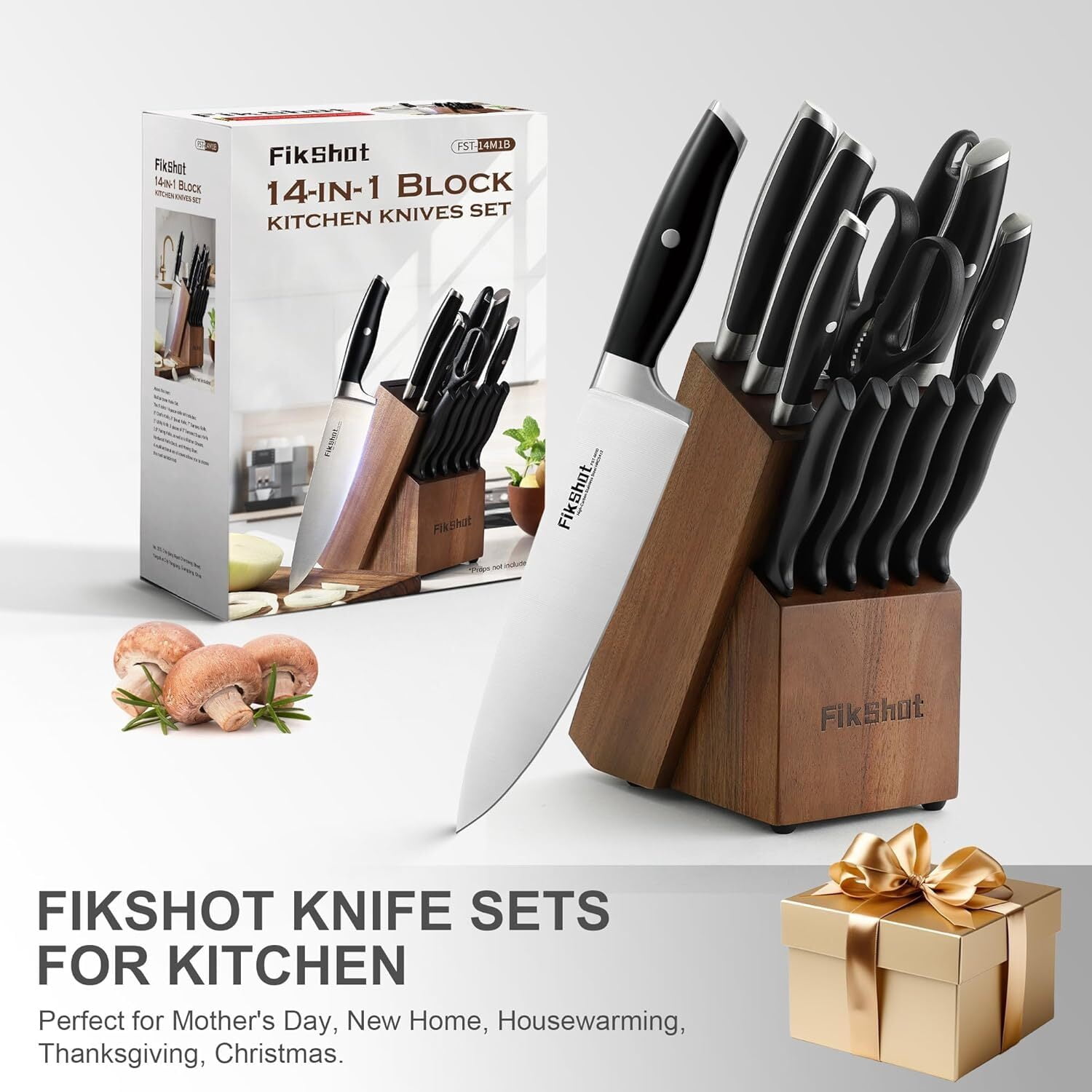 FIKSHOT 14-Piece Kitchen Knife Set with Built-in Sharpener, Professional White Stainless Steel Chef Knives, Dishwasher Safe