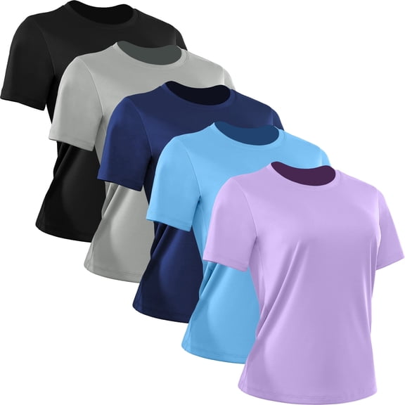 [5 Pack] Cadmus Women's Dry-Fit Wicking Short Sleeve T Shirts Sun Protection Activewear Running Yoga Workout Gym Tee Top,Blue/Gray/Black/Navy/Purple,L
