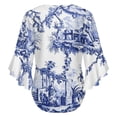 thumbnail image 6 of Blue Chinoiserie Toile Women's V-Neck Blouse With 3/4 Ruffled Bell Sleeves Casual Top Ladies Blouses, 6 of 7
